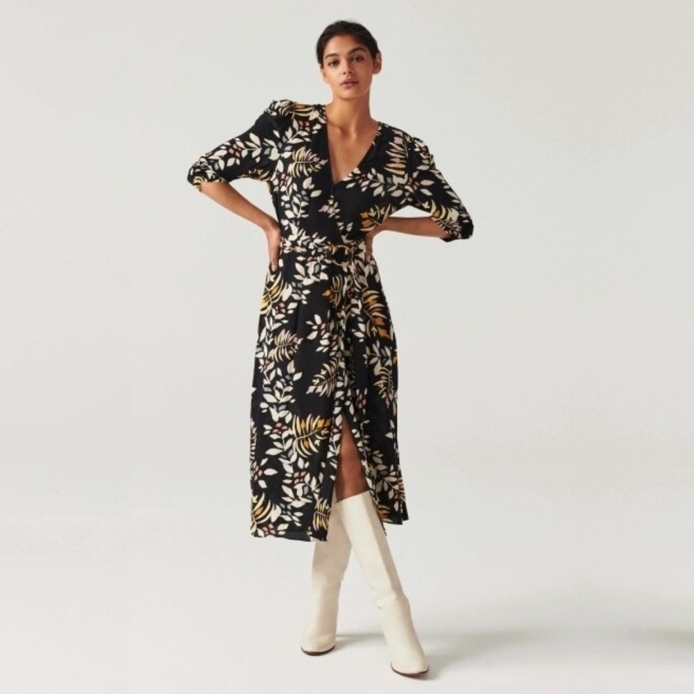 EUC ba&sh- Crissy Black Leaf Print Midi Dress. Size US 8